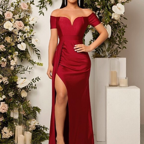 Red Preppy Womens Off Shoulder Ruched Split Thigh Dress - Picture 5 of 5